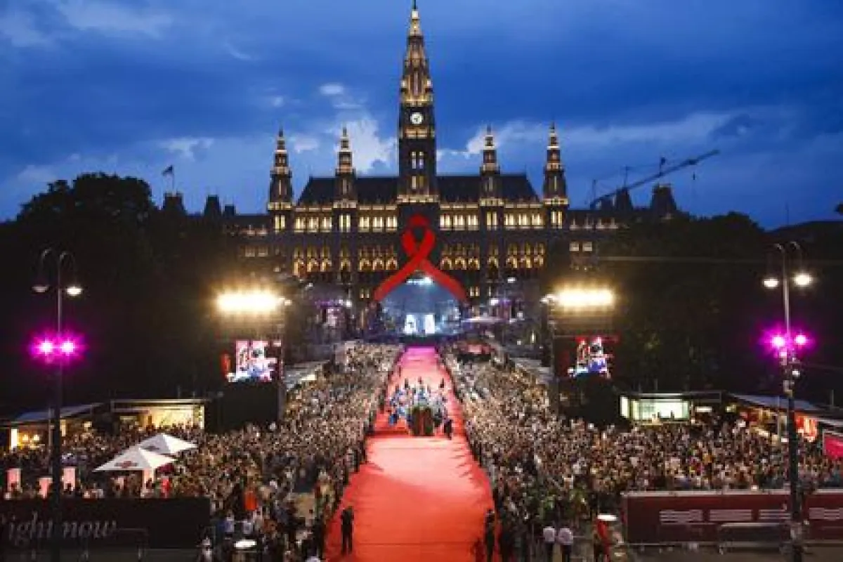 Der Wiener Rathausplatz am Abend des Life Ball