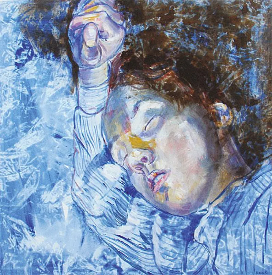 Christine Keruth, 2011, In sich gekehrter Junge, Mischt./ Leinw., 80 x 80 cm
