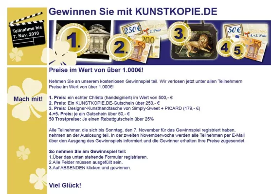 Bild: Über 200.000 verschiedene Bilder vorrätig - Gewinnspiel-Kooperationen mit KUNSTKOPIE.DE