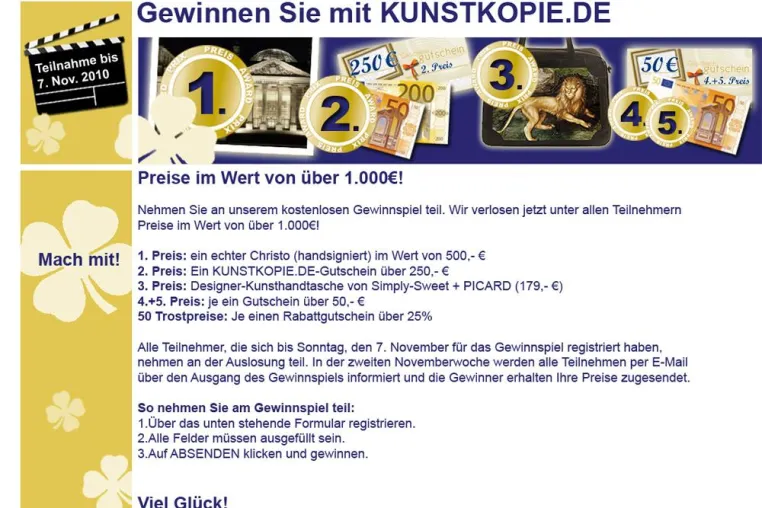 Über 200.000 verschiedene Bilder vorrätig - Gewinnspiel-Kooperationen mit KUNSTKOPIE.DE Bild: Über 200.000 verschiedene Bilder vorrätig - Gewinnspiel-Kooperationen mit KUNSTKOPIE.DE