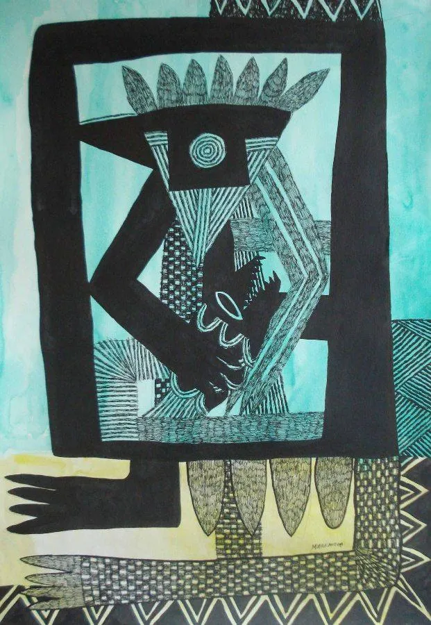 Mudaulane: Ohne Titel, 2008, Tinte und Aquarell auf Papier, 98 x 70 cm