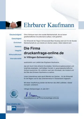 druckanfrage-online.de bekennt sich zur Initiative „Ehrbarer Kaufmann“ Bild: druckanfrage-online.de bekennt sich zur Initiative „Ehrbarer Kaufmann“