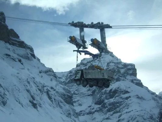 Bild: Astra mit Allison Vollautomatik für Kraftwerksbau in den Schweizer Alpen: Hoch fliegen, tief graben