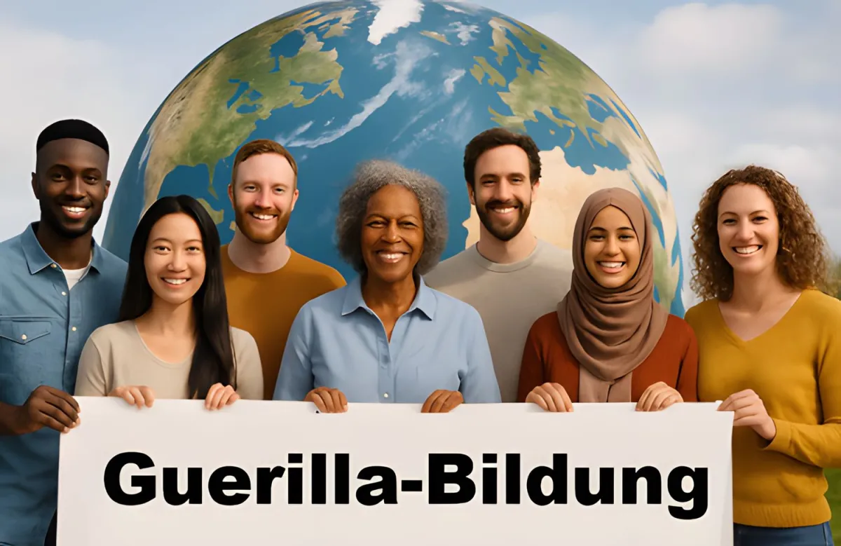 Guerilla-Bildung bringt Menschen zusammen – für eine globale Bildungsbewegung (© Bild: KI-generiert mit DALL·E im Auftrag der Seminarbörse.de GmbH (2025), keine realen Personen)