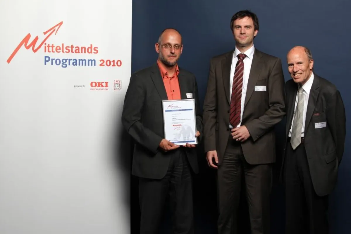 von links) Michael Brust (PAGEfactory), Ulrich Breu (simonigence) und Professor Peter C. Lockemann ( Innovationsrat des Mittelstandsprogramms)