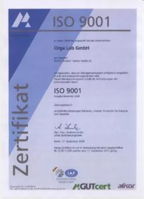 Bild: Analytikdienstleistungen von Orga Lab für Industrie und Gewerbe jetzt auch ISO 9001 zertifiziert