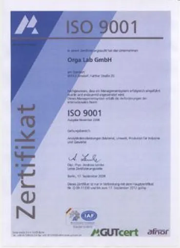 Bild: Analytikdienstleistungen von Orga Lab für Industrie und Gewerbe jetzt auch ISO 9001 zertifiziert