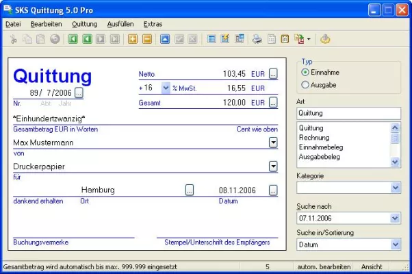 Bild: SKS Quittung Pro 5.0: Moment, das quittiere ich Ihnen schnell