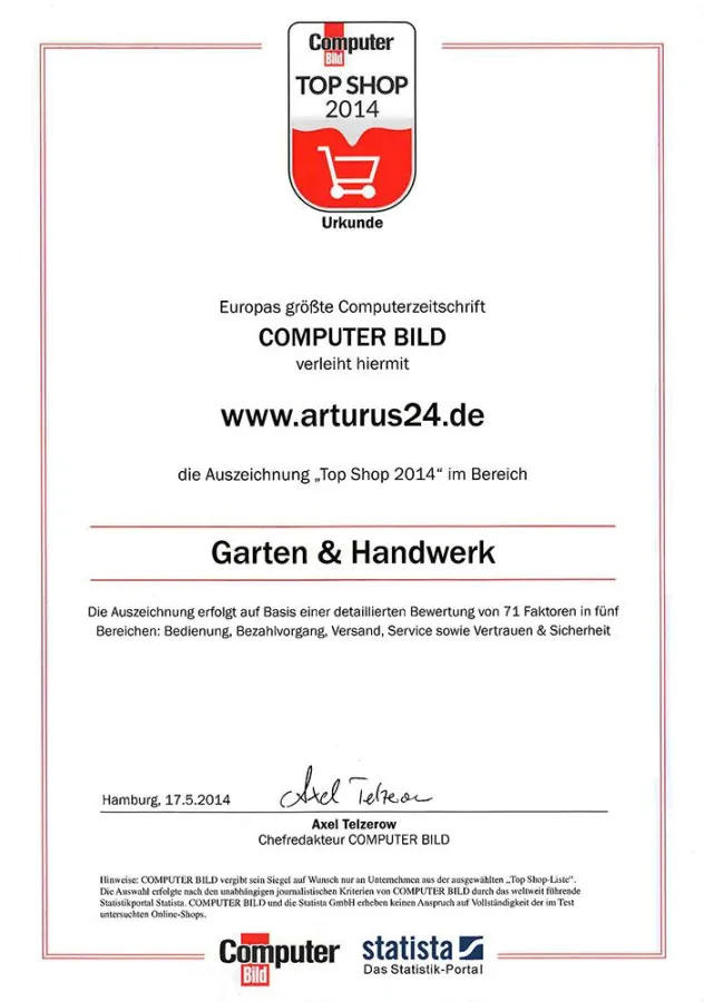 Urkunde TOP SHOP 2014 für Arturus24.de