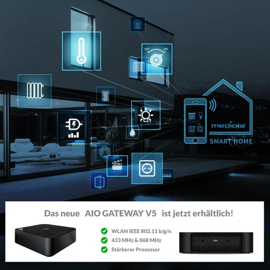 Das neue mediola AIO GATEWAY V5. Der kleine Funktionsgigant steuert eine große Zahl an Geräten