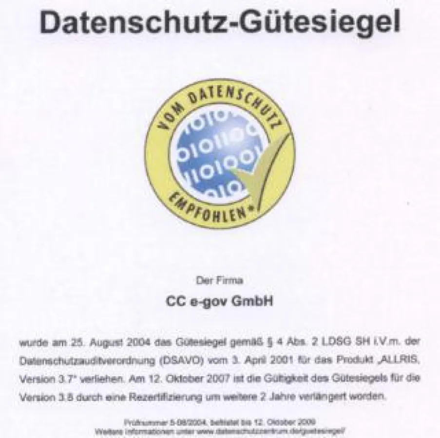 Gütesiegel des ULD Kiel für ALLRIS 3.8 - Prüfnummer 5-08/2004 - gültig bis 12.10.2009