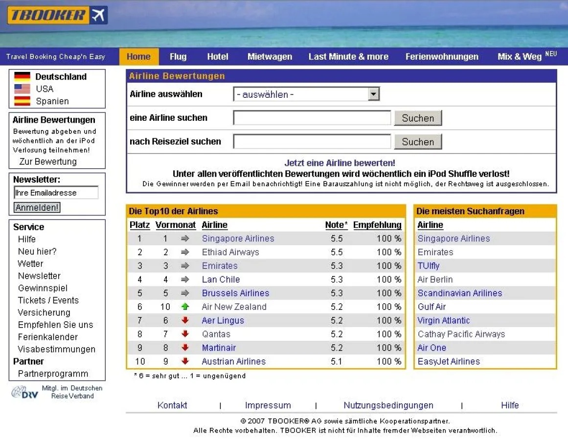 Neu auf www.tbooker.de: Bewertungen von Airlines