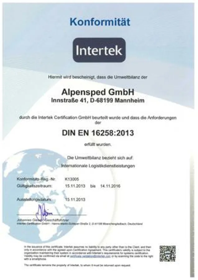 Alpensped ist zertifiziert nach DIN EN 16258