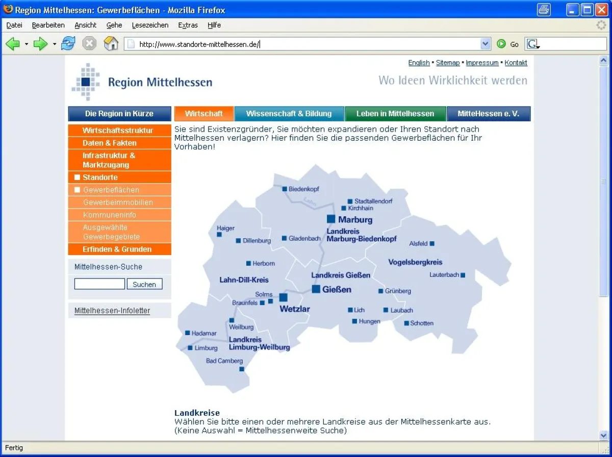 Screenshot des Mittelhessischen Standort-Informationssystems