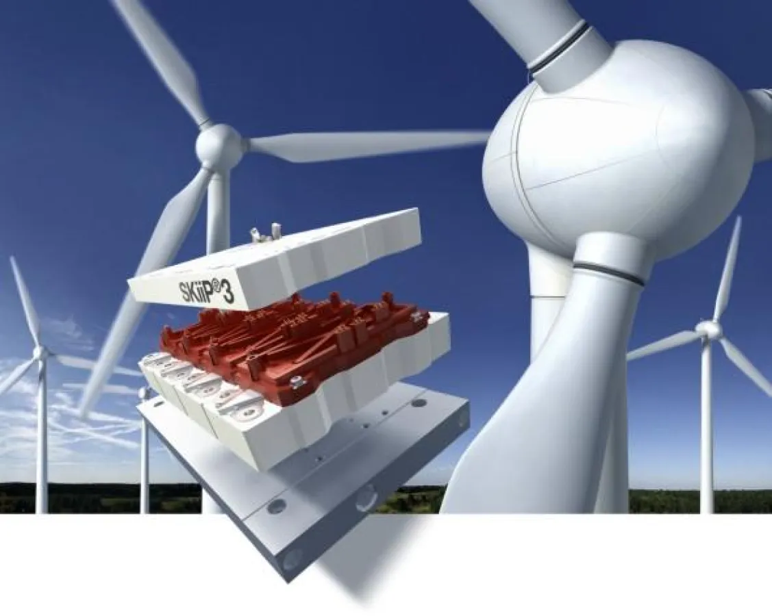 SKiiP ist das einzige intelligente Leistungsmodul für Windenergieanlagen mit integrierten Elementen wie Leistungshalbleiter, Treiber, Stromsensoren, Schutzfunktionen und Kühlung.