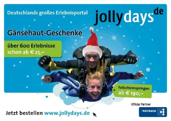 Bild: Erlebnisportal jollydays.de erstmals mit TV-Werbung - Kampagne zu "Gänsehaut-Geschenken"