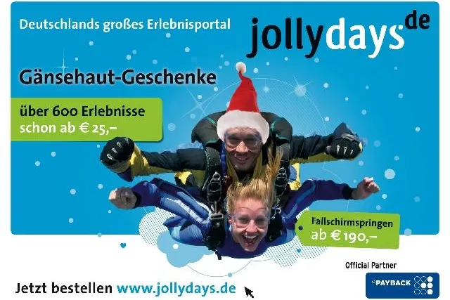 Erlebnisportal jollydays.de erstmals mit TV-Werbung - Kampagne zu "Gänsehaut-Geschenken" Bild: Erlebnisportal jollydays.de erstmals mit TV-Werbung - Kampagne zu "Gänsehaut-Geschenken"