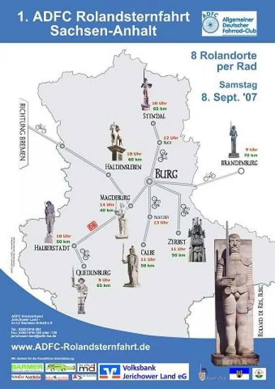 Plakat zur 1. ADFC-Roland-Radsternfahrt Sachsen-Anhalt am 8.9.07 - von 8 Rolandorten nach Burg zum Rolandfest