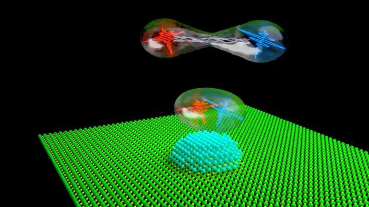 Schematic representation of a quantum dot emitting polarization entangled photons. The entanglement is here pictorially represented by the transparent connection between the two photons. (Sascha Kolat