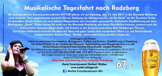 Musikalische Tagesfahrt nach Radeberg mit Norbi Bild: Musikalische Tagesfahrt nach Radeberg mit Norbi