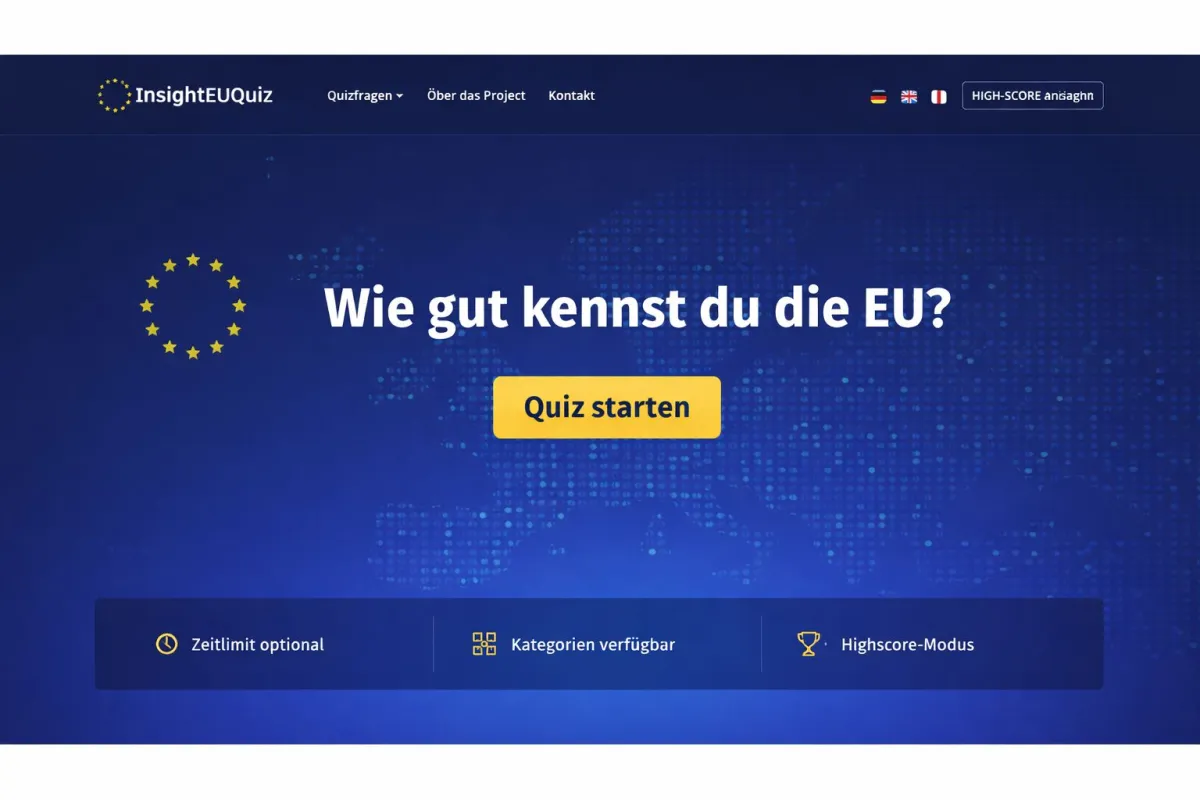 Die Startseite von InsightEUQuiz zeigt ein interaktives Online-Quiz zur Europäischen Union. (© © InsightEUQuiz / Stefan Pilz)