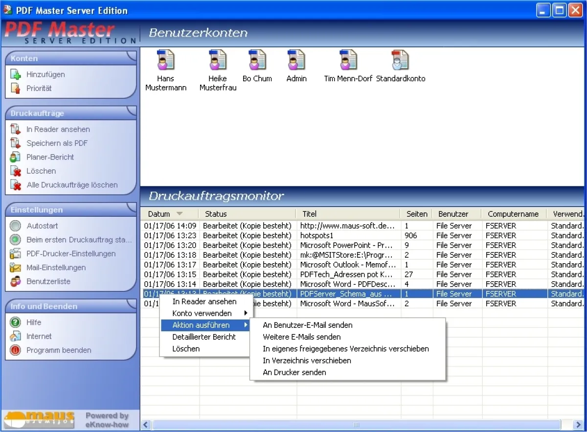 Screenshot der Serveranwendung von PDF Master Server Edition