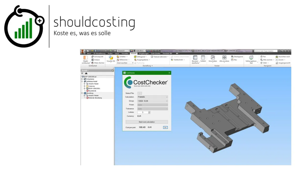Der neue CostChecker im 3D CAD Autodesk Inventor (© shouldcosting GmbH)