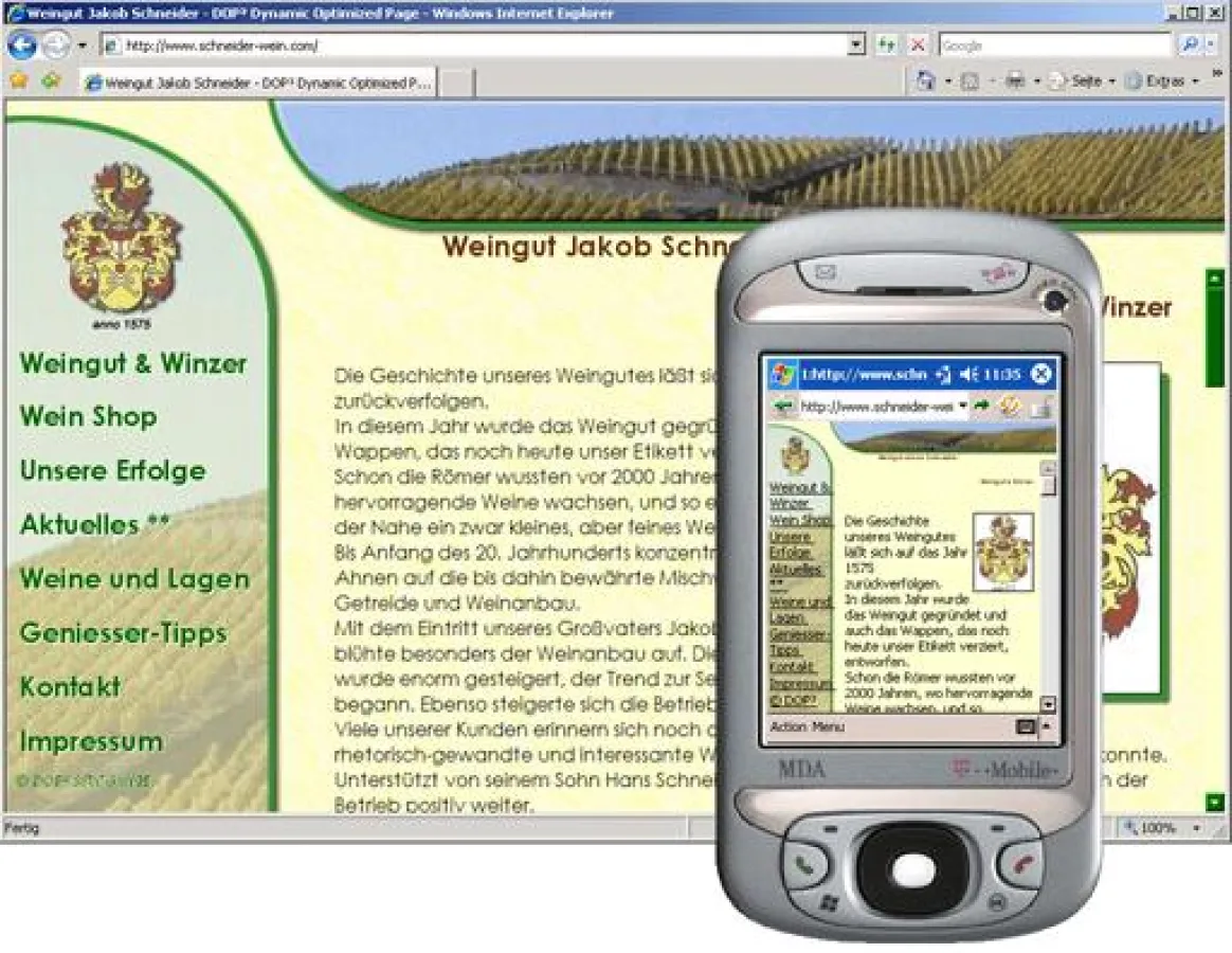 Mit DOP3 erstellte Webseite auf PC und MDA
