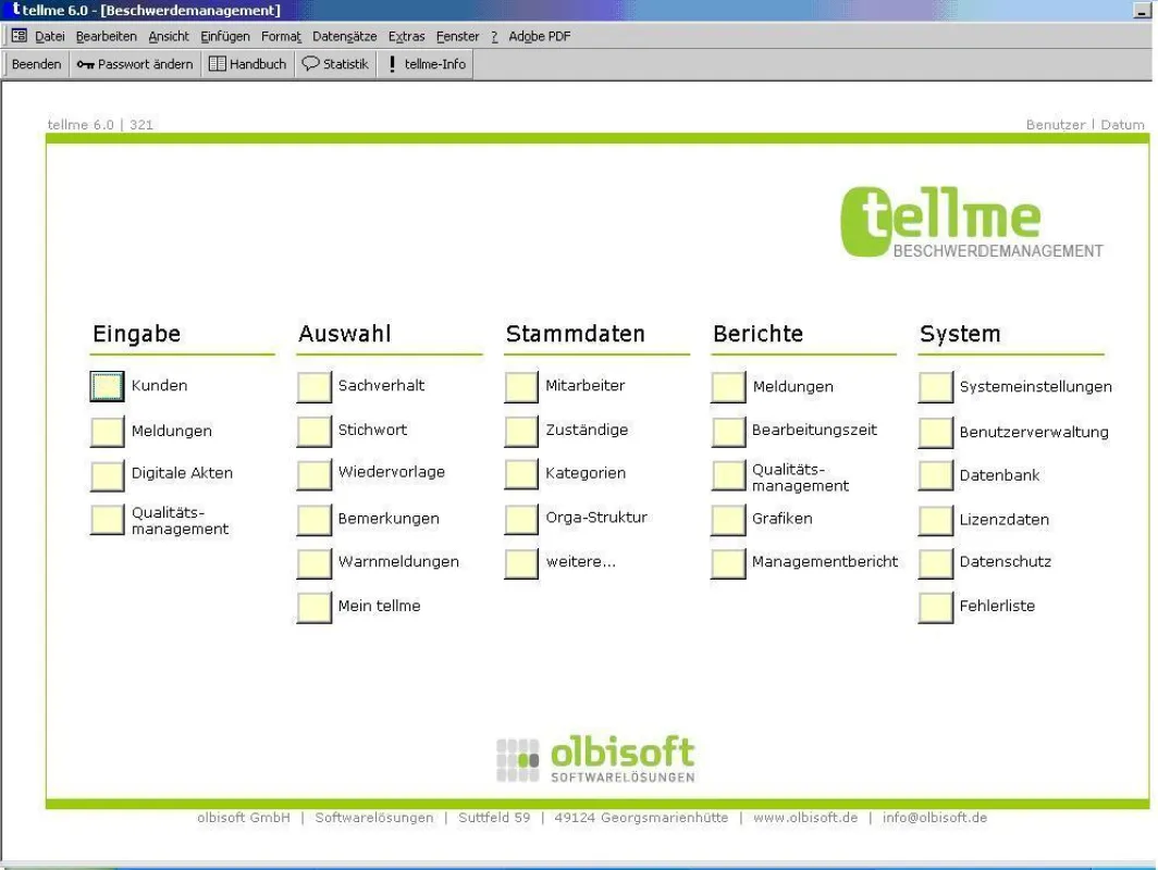 Hauptmaske der Beschwerdemanagementsoftware tellme 6.0