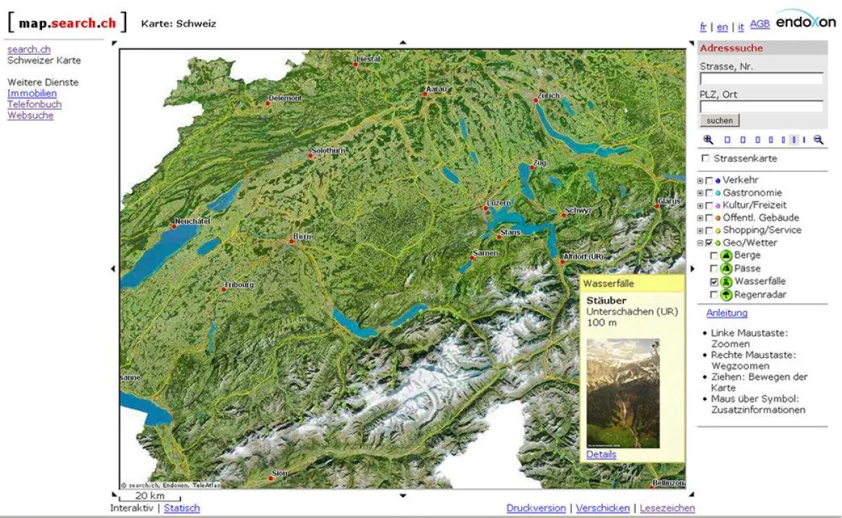 Screenshot Wasserfälle auf map.search.ch (Quelle: map.search.ch)