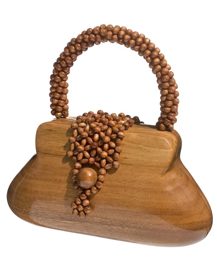 Alexandra - Trapezförmige Henkeltasche aus Akazienholz und mit Holzperlen verziert
