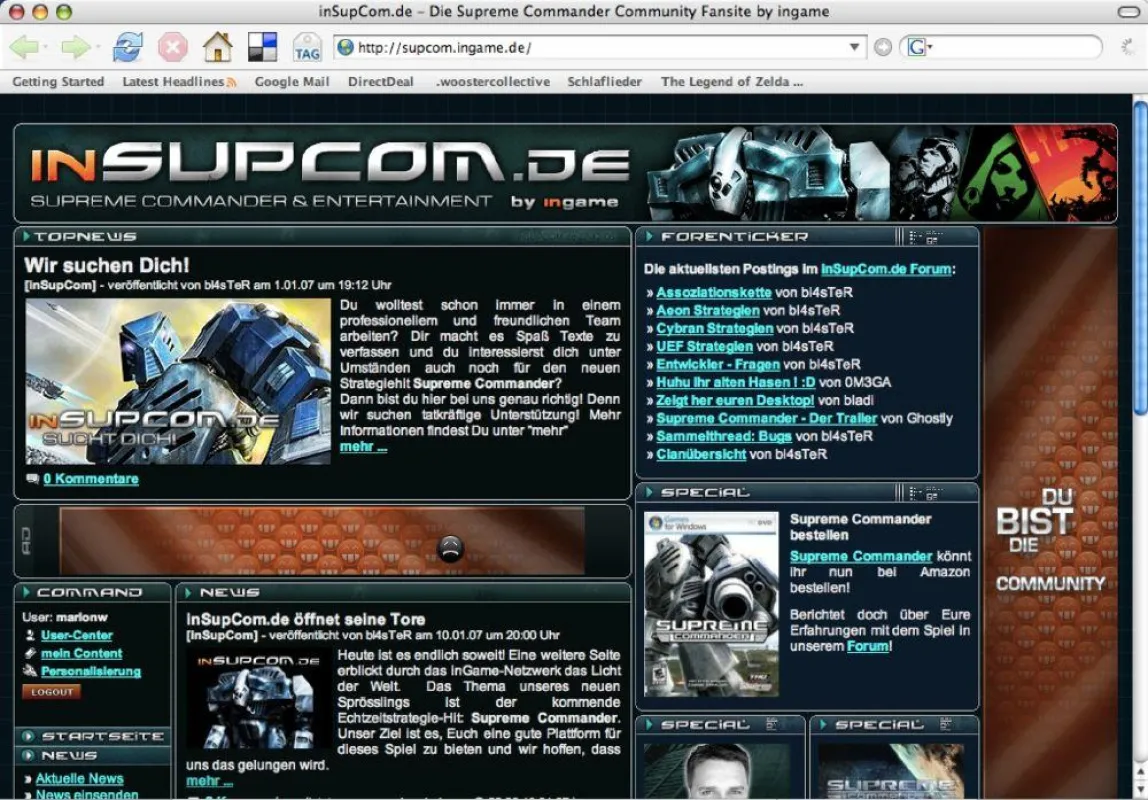 Screenshot der neuen neuen Supreme Commander Community-Seite inSupCom.de / quelle: ingame GmbH