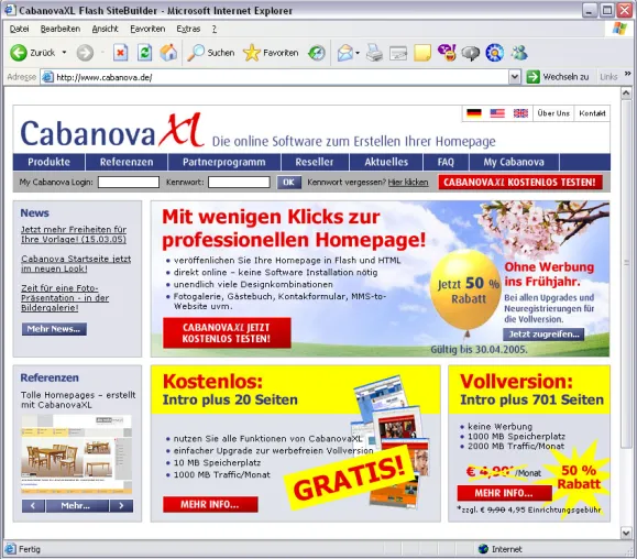 Bild: Einfacher geht’s nicht: CabanovaXL – die Online-Software zur Erstellung einer Homepage in Flash.