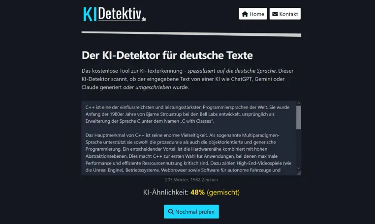 Bild: Präzise KI-Texterkennung für die deutsche Sprache - KIDetektiv.de vorgestellt