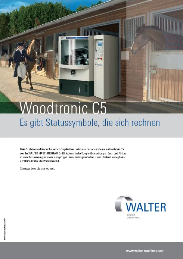 Neue Anzeigenkampagne von Walter Maschinenbau: hochwertige Maschine steht als edles Rennpferd in der Box.