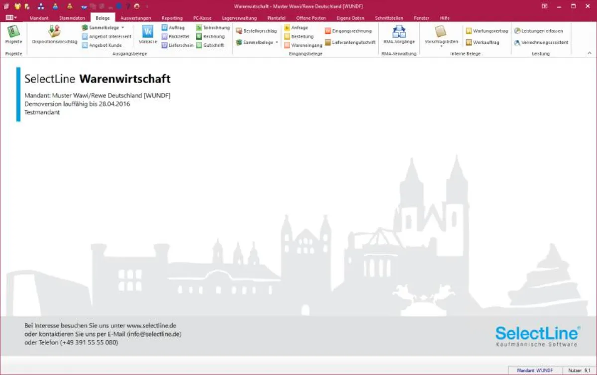 Oberfläche der Selectline 16 Warenwirtschaft