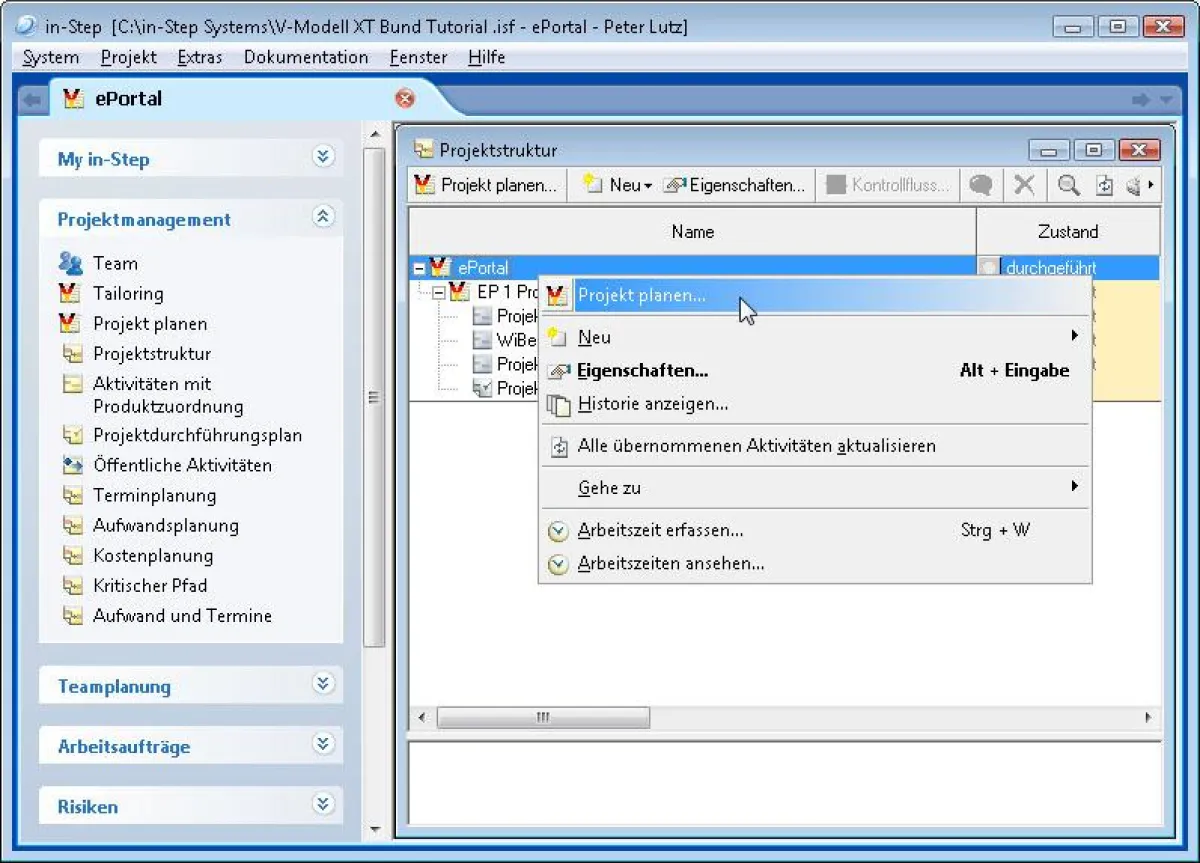 Ein Projekt mit in-Step nach V-Modell XT Bund planen