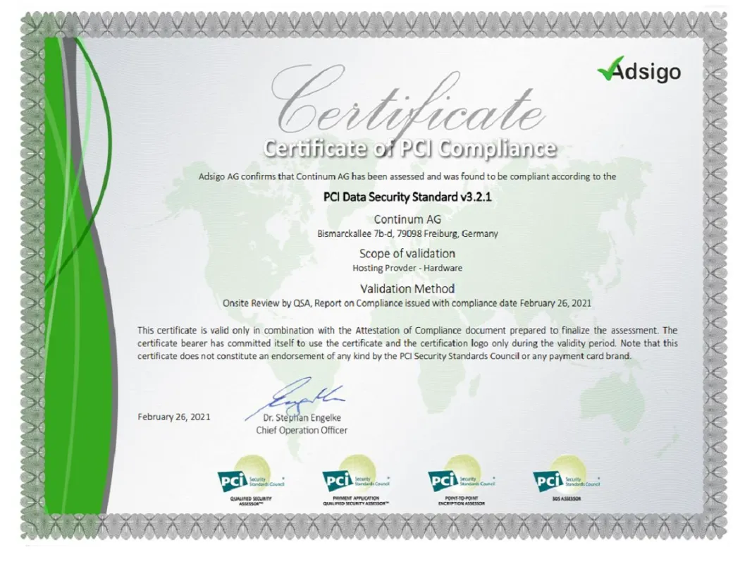 Das Certificate of PCI Compliance der Continum AG aus Freiburg im Breisgau. (© Continum AG)