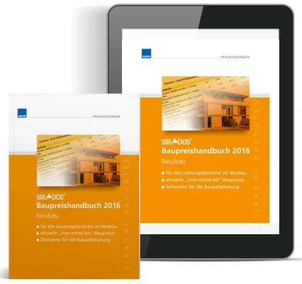 Bild: Aktuelle und marktrecherchierte sirAdos Baupreise für 2016 im Taschenbuchformat und als E-Book von WEKA MEDIA
