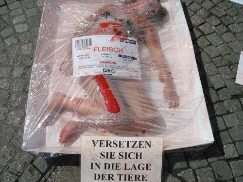 Bild: Blutverschmierte Menschen in Fleischschalen / Reutlinger Tierschützer demonstrieren gegen Massentierhaltung