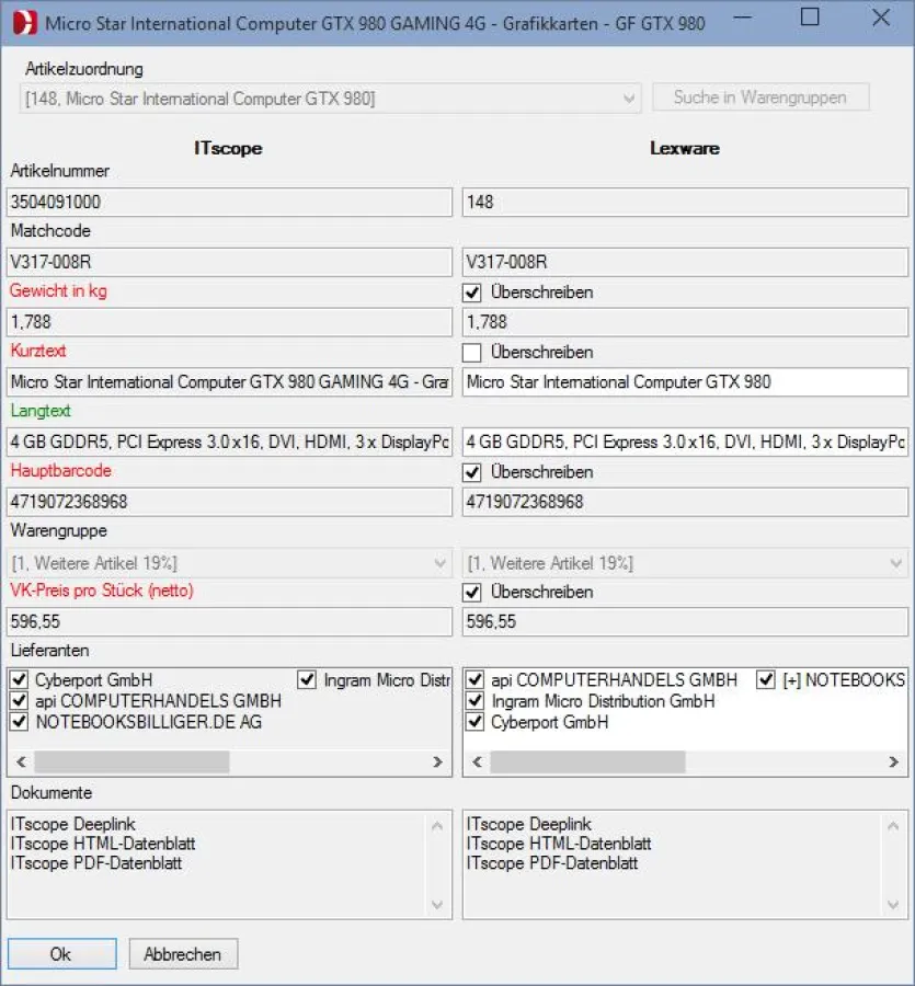 Lexware-Produktanlage mit der neuen ITscope Schnittstelle: Alle relevanten Daten bereits ausgefüllt