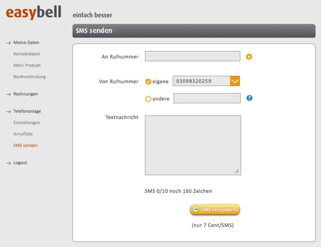 SMS Funktion im easybell Kundenportal