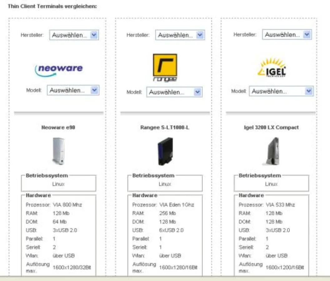 Thin Client Vergleich von bis zu 3 Modellen.