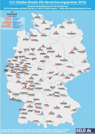 Bild: Kfz-Versicherungstarife 2016: Preisunterschiede zwischen deutschen Städten von bis zu 1.549 Euro