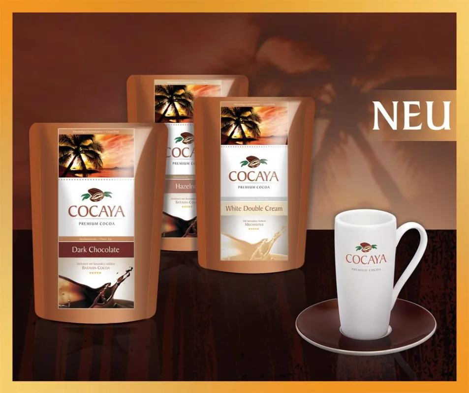Kakao in 26 Sorten von Chili, über Orange bis hin zu Dark Chocolate. Ein besonders hoher Milchanteil im Pulver sorgt für zartes Aroma.