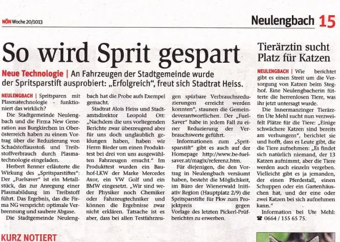 Bild: Niederösterreichische Nachrichten berichten über die Stadtgemeinde Neulengbach und BE-Fuelsaver®