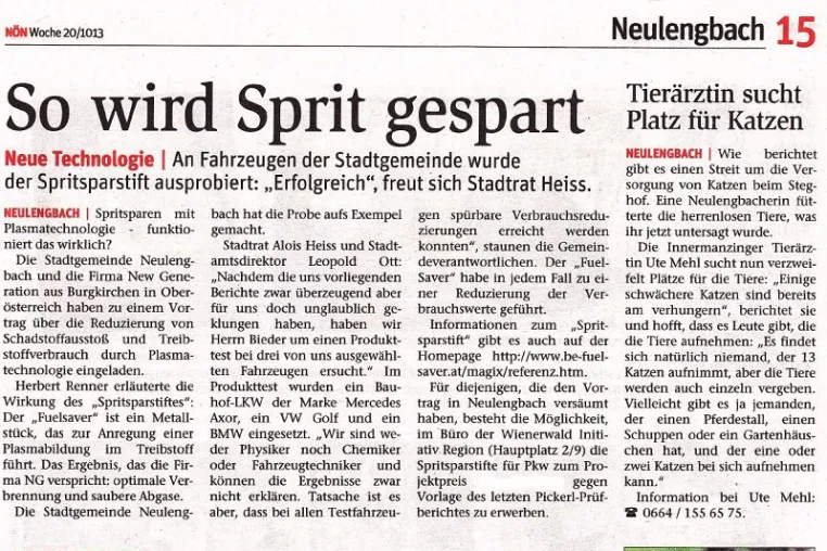 Bild: Niederösterreichische Nachrichten berichten über die Stadtgemeinde Neulengbach und BE-Fuelsaver®