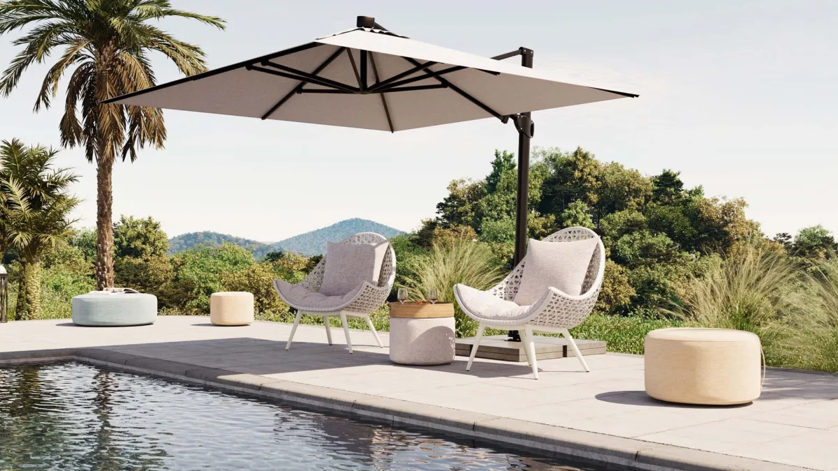 BLOOM Antares Sonnenschirm mit MUSE Schaukelstuhl