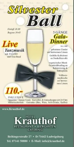 Perfekte Location, um den Jahreswechsel zu feiern - Ball oder Party? Beides im Hotel Krauthof Ludwigsburg Bild: Perfekte Location, um den Jahreswechsel zu feiern - Ball oder Party? Beides im Hotel Krauthof Ludwigsburg