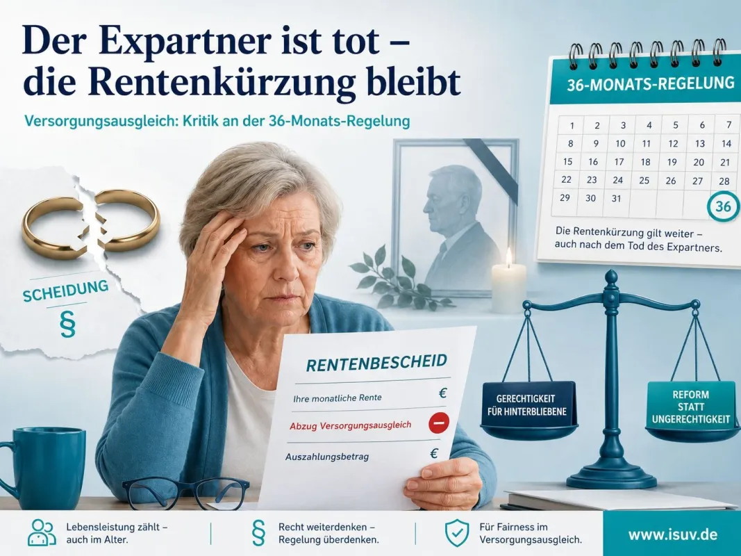 36 Monate Frist, ein Leben lang Kürzung: Das Rentenrecht rechnet gegen Geschiedene. (© ISUV e.V. - KI-generiert)